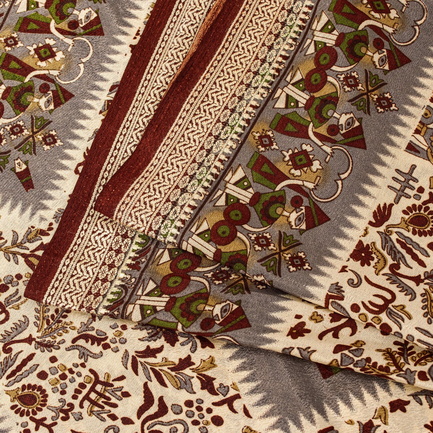 Sanskriti Vintage Craft Supplies Home Deco Cream Human Print 5YD Sari Moss Crepe