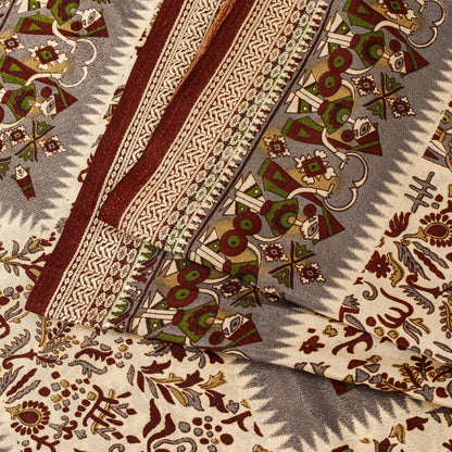 Sanskriti Vintage Craft Supplies Home Deco Cream Human Print 5YD Sari Moss Crepe