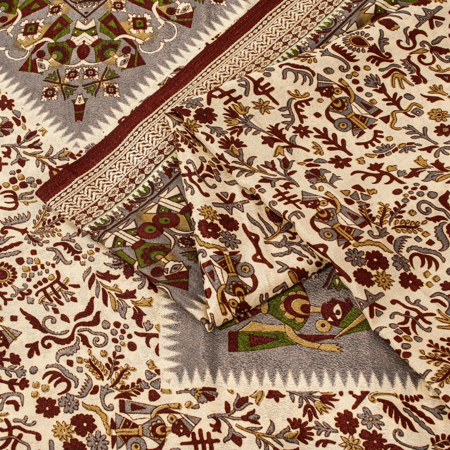 Sanskriti Vintage Craft Supplies Home Deco Cream Human Print 5YD Sari Moss Crepe