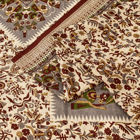 Sanskriti Vintage Craft Supplies Home Deco Cream Human Print 5YD Sari Moss Crepe