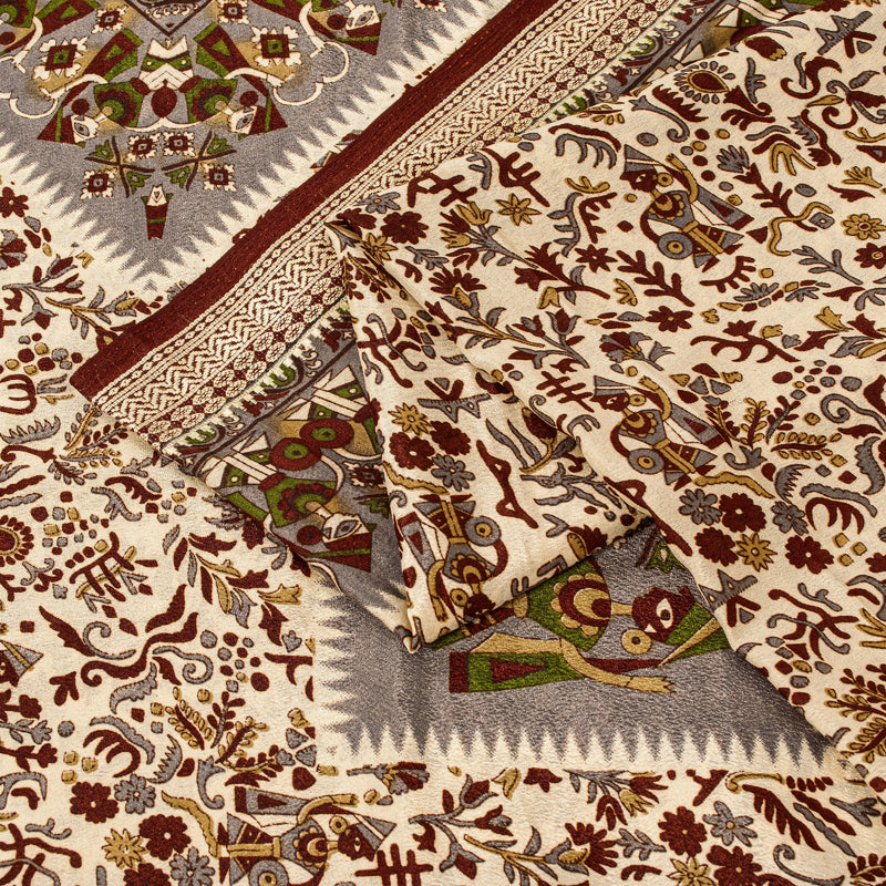 Sanskriti Vintage Craft Supplies Home Deco Cream Human Print 5YD Sari Moss Crepe