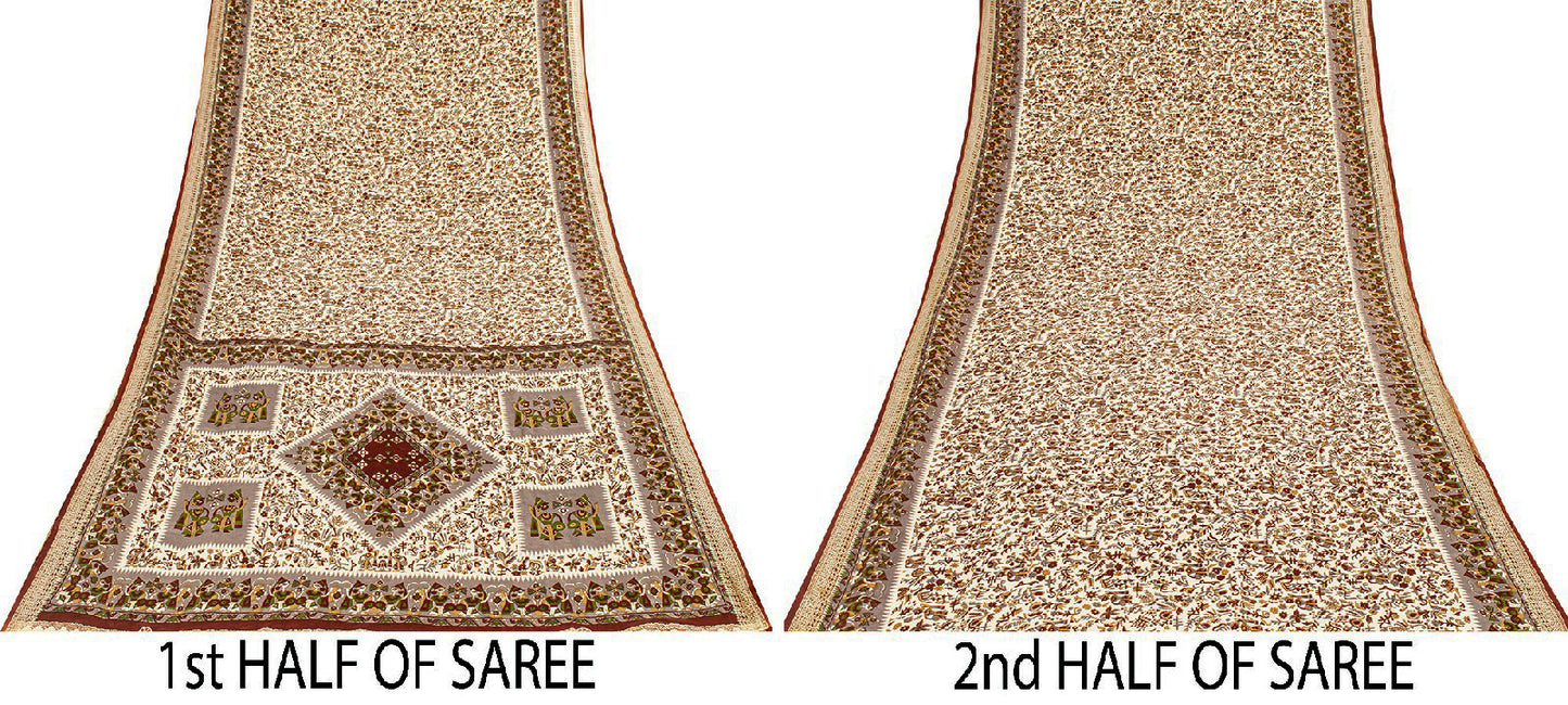 Sanskriti Vintage Craft Supplies Home Deco Cream Human Print 5YD Sari Moss Crepe