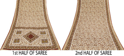 Sanskriti Vintage Craft Supplies Home Deco Cream Human Print 5YD Sari Moss Crepe