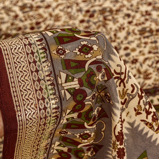 Sanskriti Vintage Craft Supplies Home Deco Cream Human Print 5YD Sari Moss Crepe