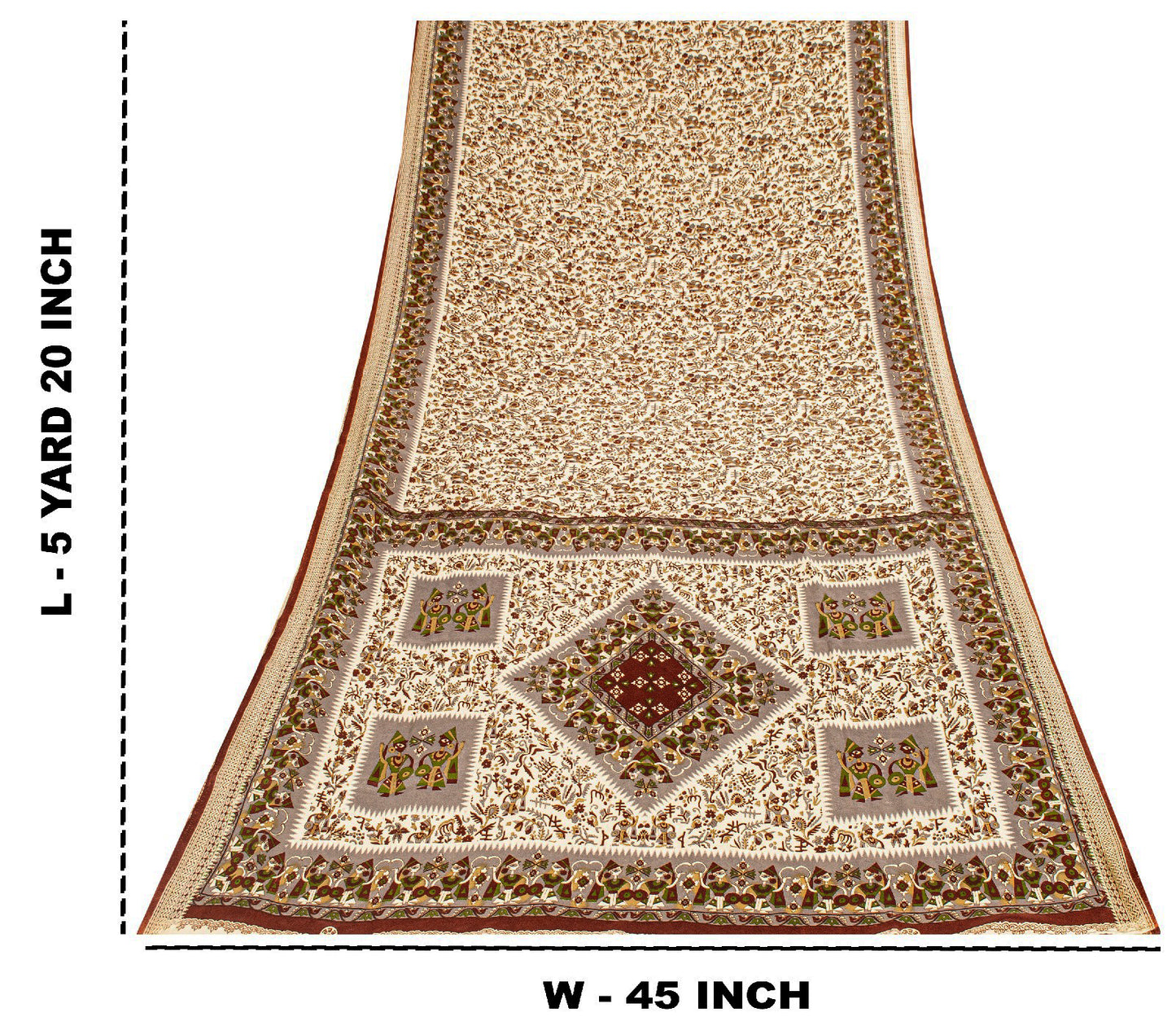Sanskriti Vintage Craft Supplies Home Deco Cream Human Print 5YD Sari Moss Crepe