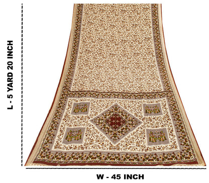 Sanskriti Vintage Craft Supplies Home Deco Cream Human Print 5YD Sari Moss Crepe