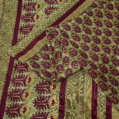 Sanskriti Vintage Brown Sarees Art Silk Sustainable Fabric Craft Printed Sewing 5 Yard Sari