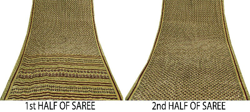Sanskriti Vintage Brown Sarees Art Silk Sustainable Fabric Craft Printed Sewing 5 Yard Sari