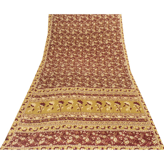 Sanskriti Vintage Red Indian Sarees Moss Crepe Printed Sari 5+YD Craft Fabric