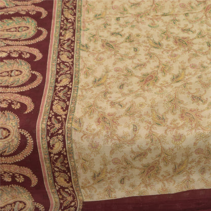 Sanskriti Vintage Saree Ivory & Red Pure Cotton 5+Yd Paisley Printed Woven Sari Soft Craft Fabric Create-Dresses, Kaftan, Skirts, Project