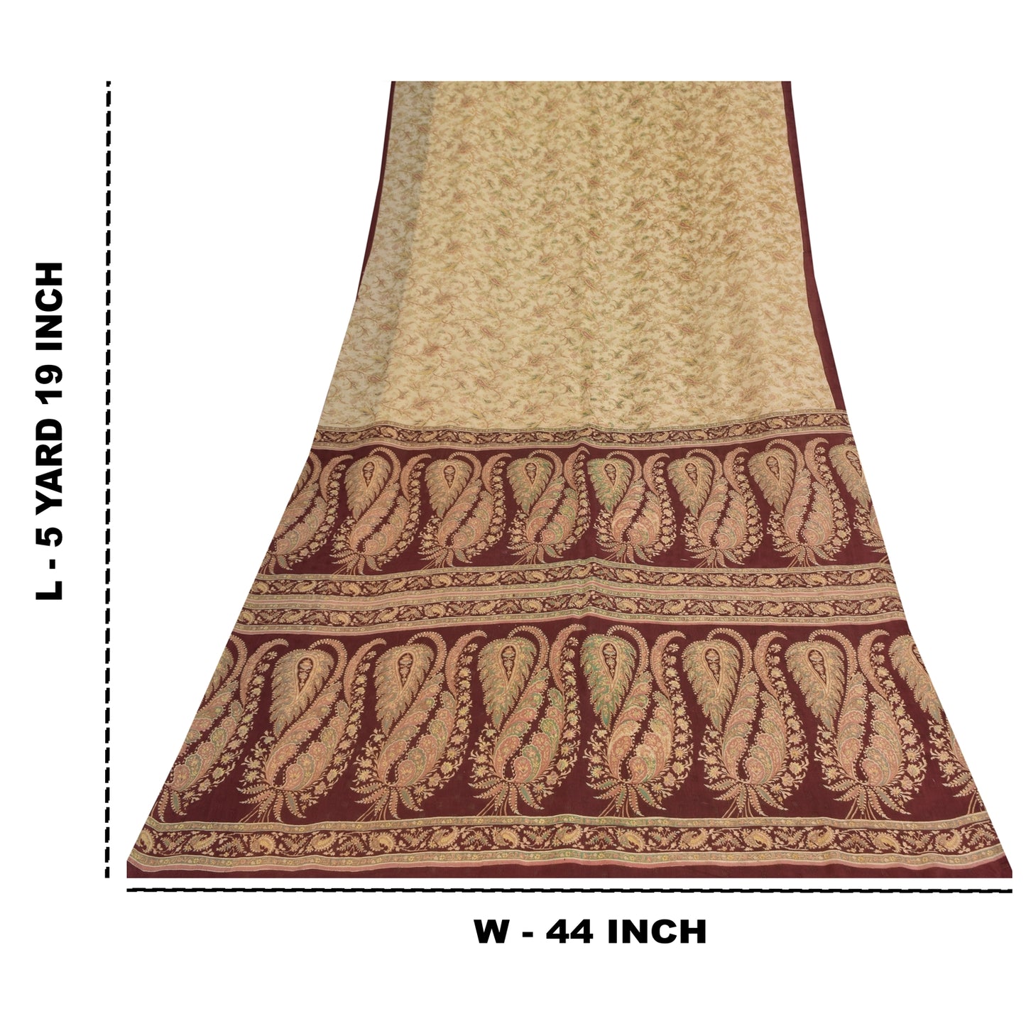 Sanskriti Vintage Saree Ivory & Red Pure Cotton 5+Yd Paisley Printed Woven Sari Soft Craft Fabric Create-Dresses, Kaftan, Skirts, Project