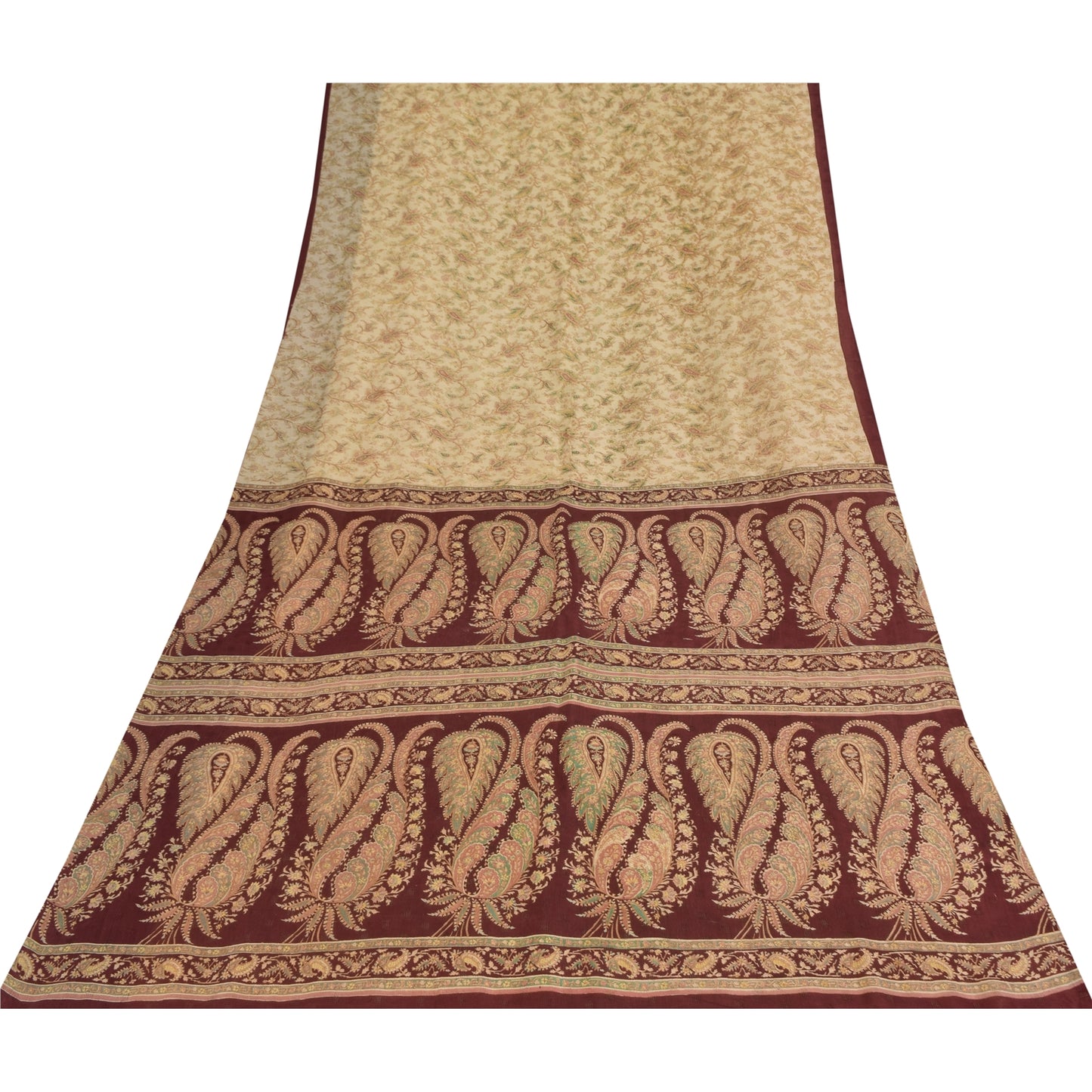 Sanskriti Vintage Saree Ivory & Red Pure Cotton 5+Yd Paisley Printed Woven Sari Soft Craft Fabric Create-Dresses, Kaftan, Skirts, Project