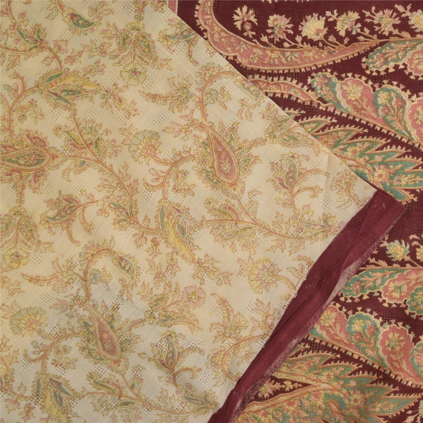 Sanskriti Vintage Saree Ivory & Red Pure Cotton 5+Yd Paisley Printed Woven Sari Soft Craft Fabric Create-Dresses, Kaftan, Skirts, Project