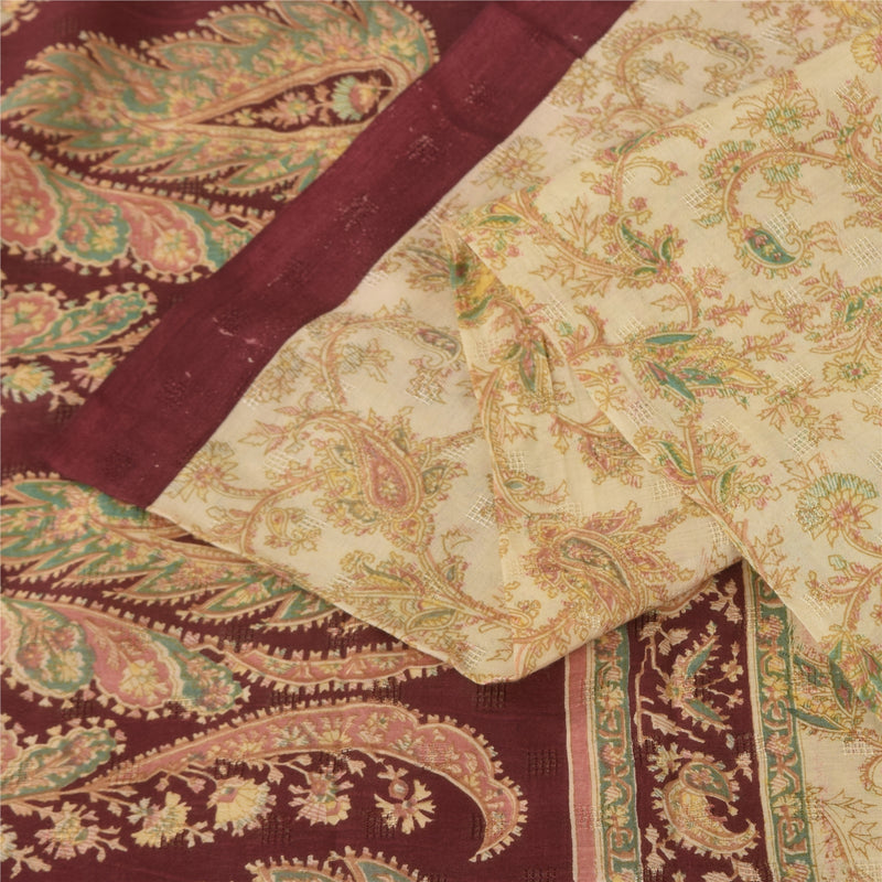 Sanskriti Vintage Saree Ivory & Red Pure Cotton 5+Yd Paisley Printed Woven Sari Soft Craft Fabric Create-Dresses, Kaftan, Skirts, Project