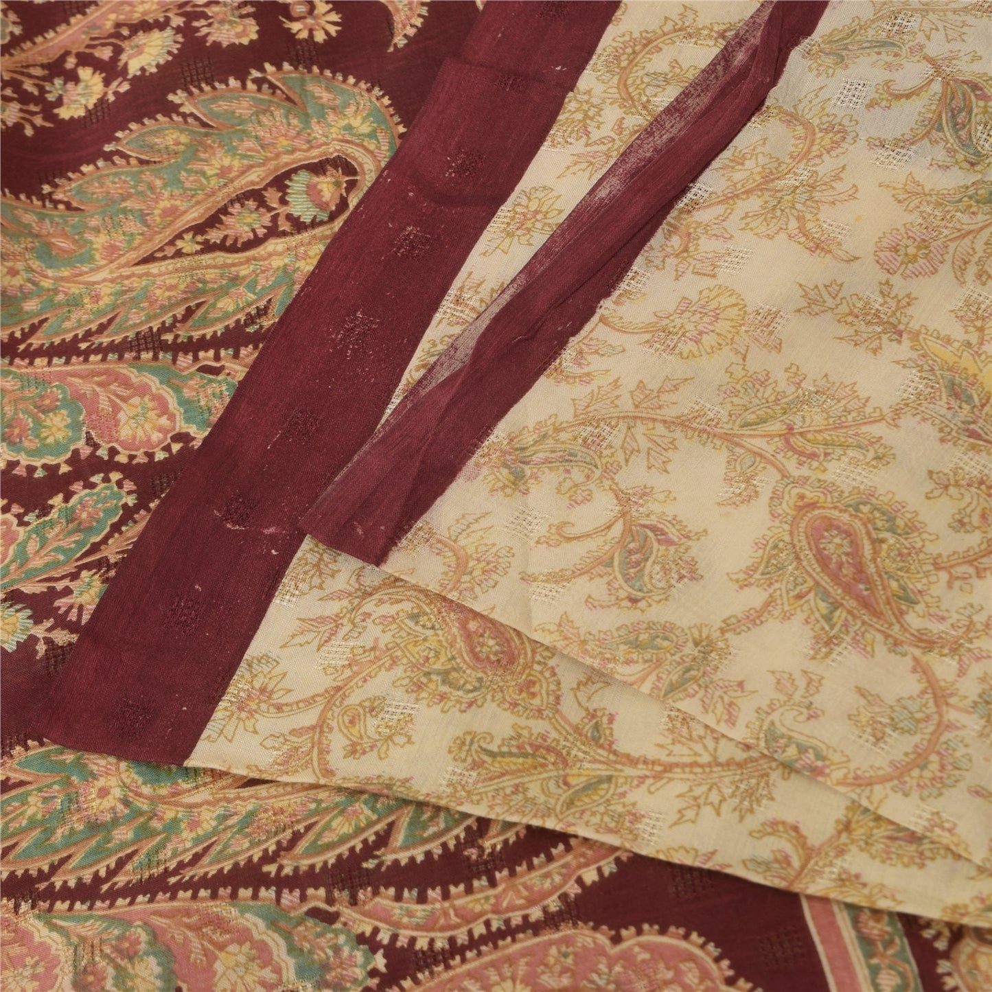 Sanskriti Vintage Saree Ivory & Red Pure Cotton 5+Yd Paisley Printed Woven Sari Soft Craft Fabric Create-Dresses, Kaftan, Skirts, Project
