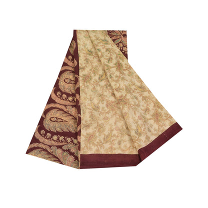 Sanskriti Vintage Saree Ivory & Red Pure Cotton 5+Yd Paisley Printed Woven Sari Soft Craft Fabric Create-Dresses, Kaftan, Skirts, Project