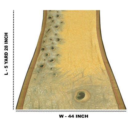 Sanskriti Vintage Mustard Peacock Feather Sarees Chanderi Print Sari 5+YD Fabric