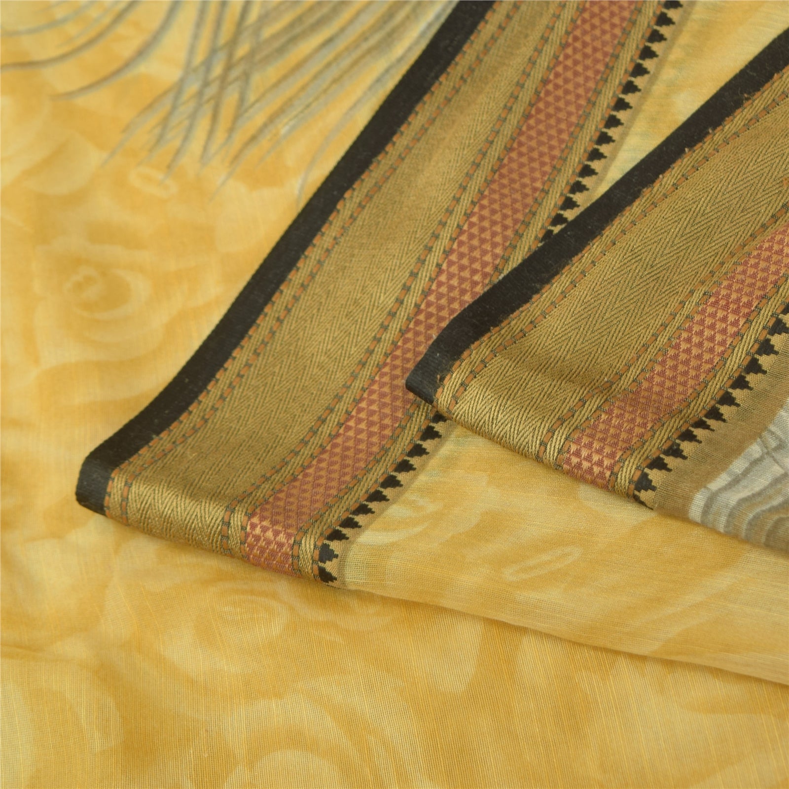 Sanskriti Vintage Mustard Peacock Feather Sarees Chanderi Print Sari 5+YD Fabric