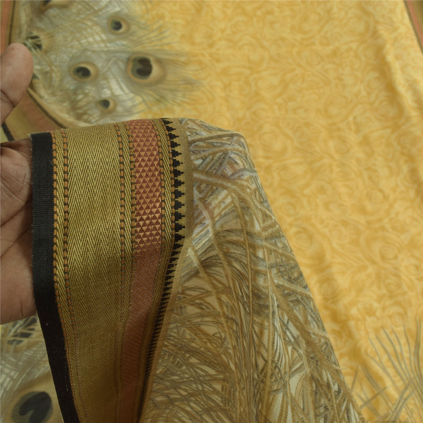 Sanskriti Vintage Mustard Peacock Feather Sarees Chanderi Print Sari 5+YD Fabric