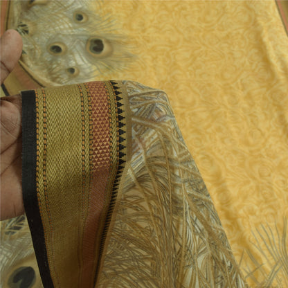 Sanskriti Vintage Mustard Peacock Feather Sarees Chanderi Print Sari 5+YD Fabric