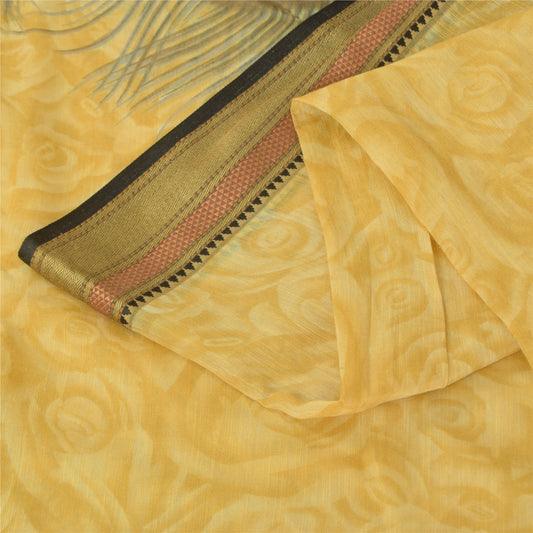 Sanskriti Vintage Mustard Peacock Feather Sarees Chanderi Print Sari 5+YD Fabric
