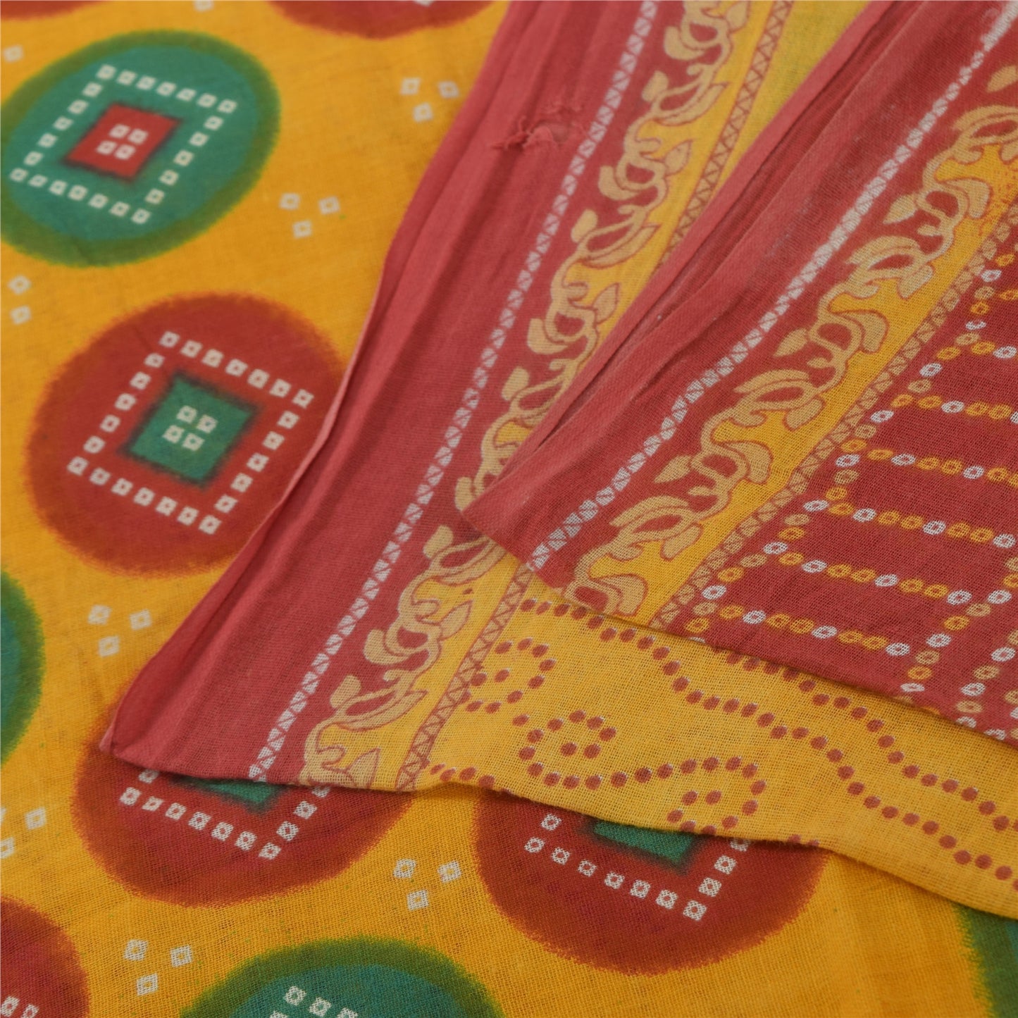 Sanskriti Vintage Saree 100% Pure Cotton Saree Multicolor Bandhani Printed Gujrat of India Sari Floral 5Yd Fabric For Crafting, Upcycling