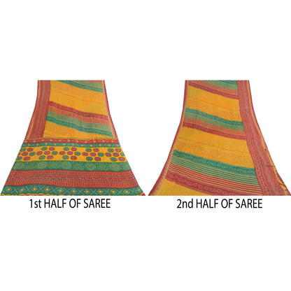 Sanskriti Vintage Saree 100% Pure Cotton Saree Multicolor Bandhani Printed Gujrat of India Sari Floral 5Yd Fabric For Crafting, Upcycling