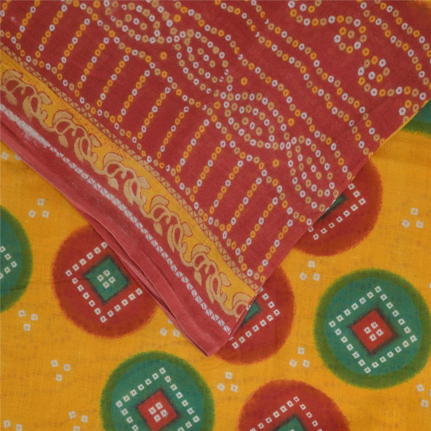 Sanskriti Vintage Saree 100% Pure Cotton Saree Multicolor Bandhani Printed Gujrat of India Sari Floral 5Yd Fabric For Crafting, Upcycling