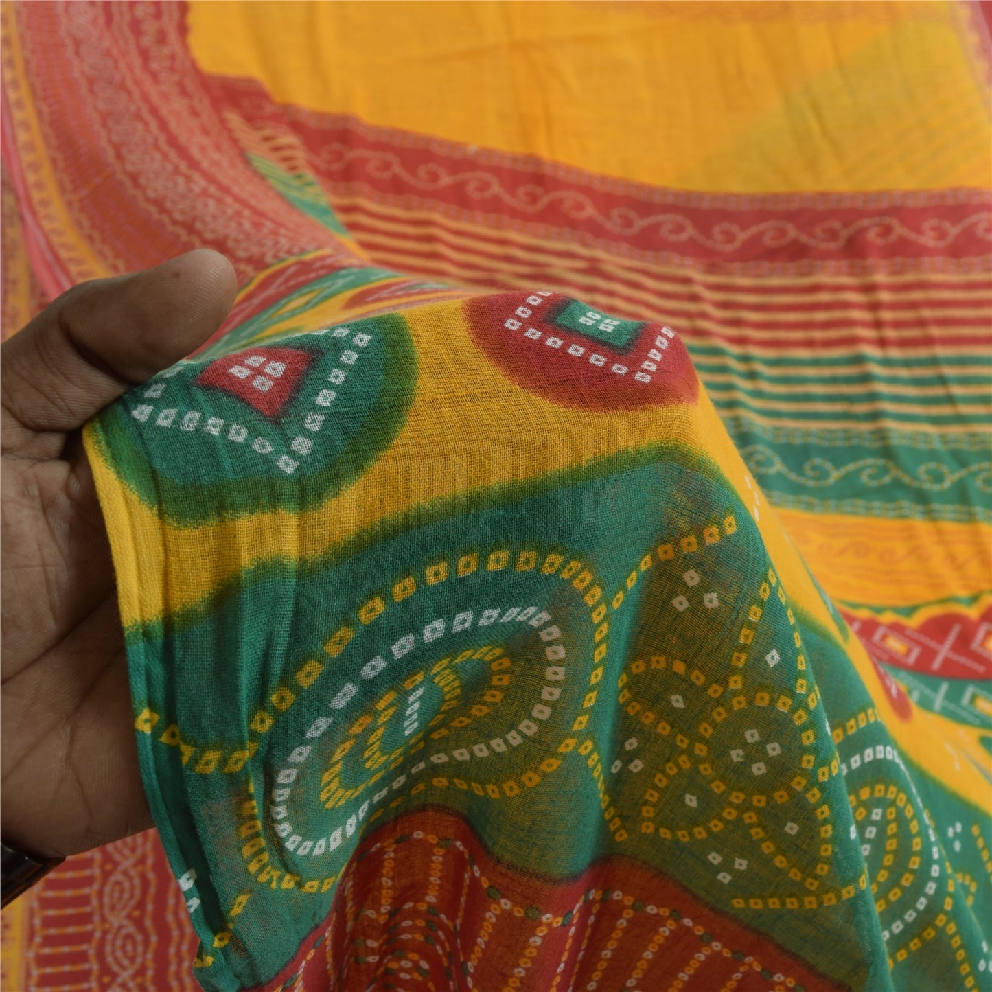 Sanskriti Vintage Saree 100% Pure Cotton Saree Multicolor Bandhani Printed Gujrat of India Sari Floral 5Yd Fabric For Crafting, Upcycling