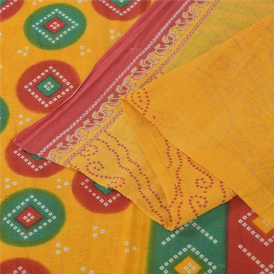 Sanskriti Vintage Saree 100% Pure Cotton Saree Multicolor Bandhani Printed Gujrat of India Sari Floral 5Yd Fabric For Crafting, Upcycling