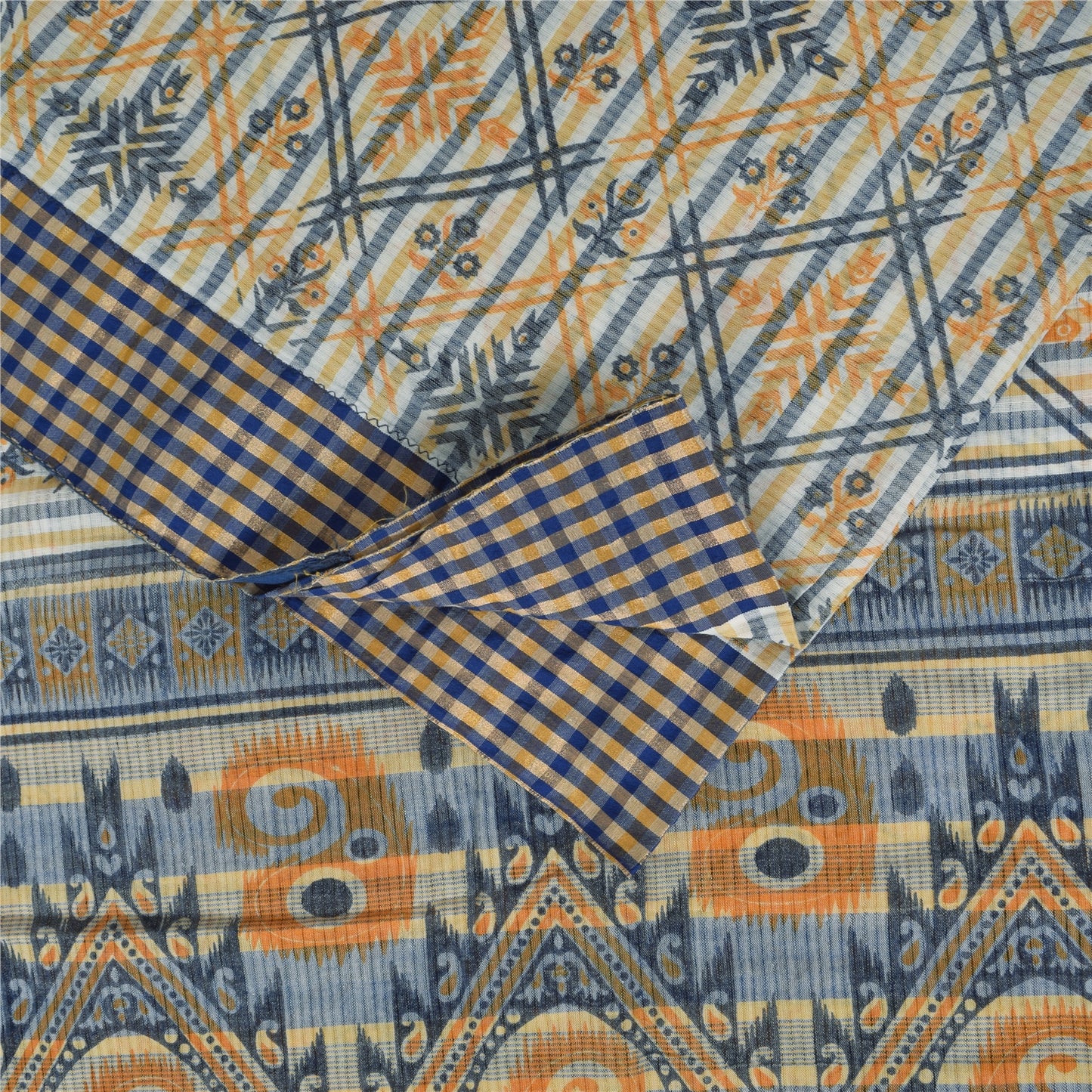Sanskriti Vintage Blue Blend Cotton Saree Geometric Print Sari 6yd Craft Fabric