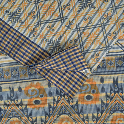 Sanskriti Vintage Blue Blend Cotton Saree Geometric Print Sari 6yd Craft Fabric