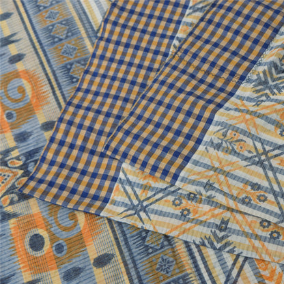 Sanskriti Vintage Blue Blend Cotton Saree Geometric Print Sari 6yd Craft Fabric
