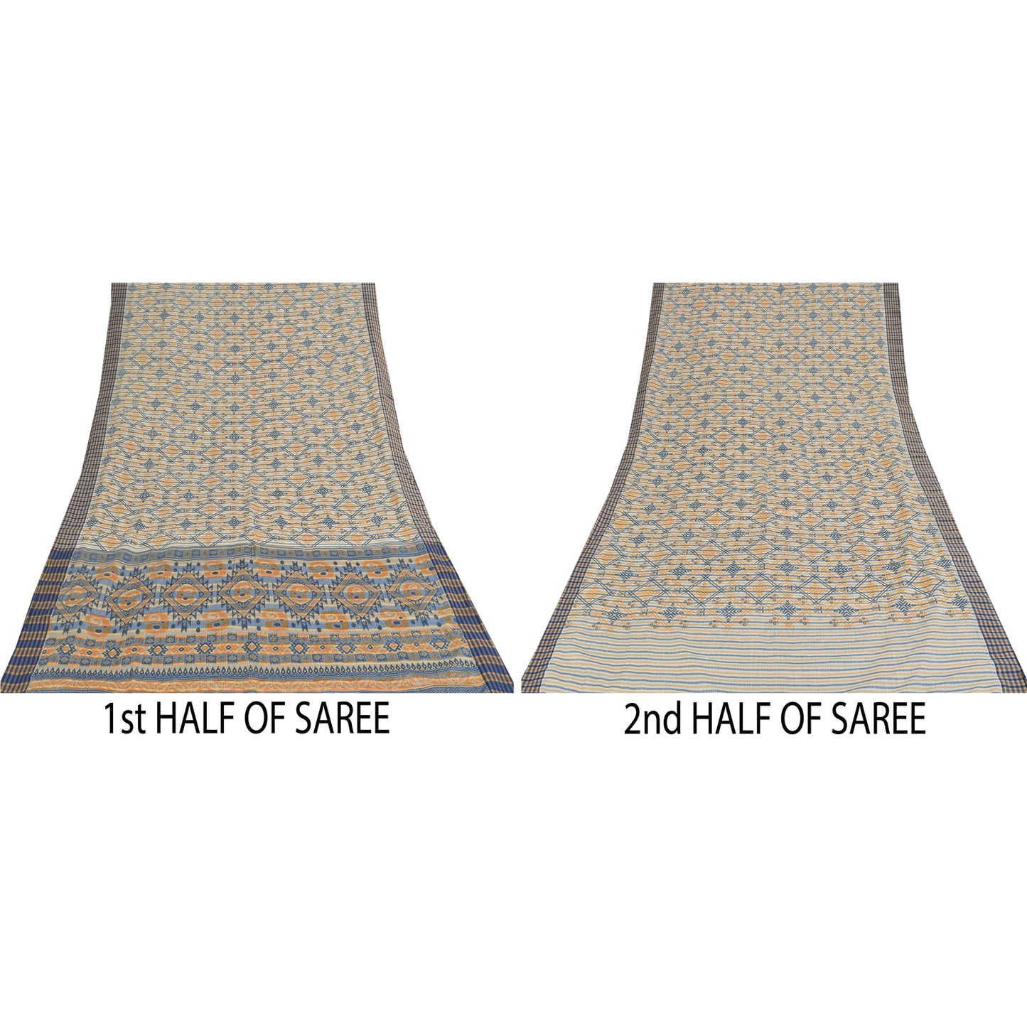 Sanskriti Vintage Blue Blend Cotton Saree Geometric Print Sari 6yd Craft Fabric