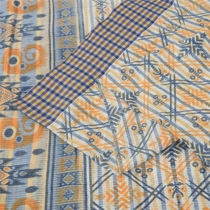 Sanskriti Vintage Blue Blend Cotton Saree Geometric Print Sari 6yd Craft Fabric