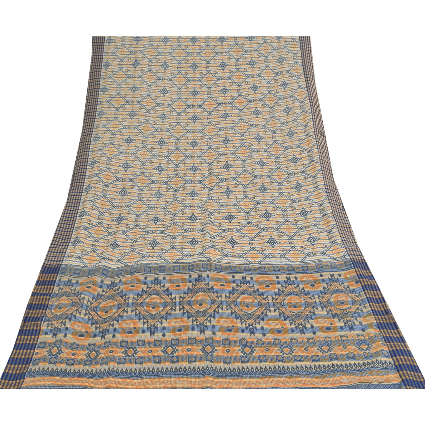 Sanskriti Vintage Blue Blend Cotton Saree Geometric Print Sari 6yd Craft Fabric
