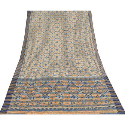 Sanskriti Vintage Blue Blend Cotton Saree Geometric Print Sari 6yd Craft Fabric