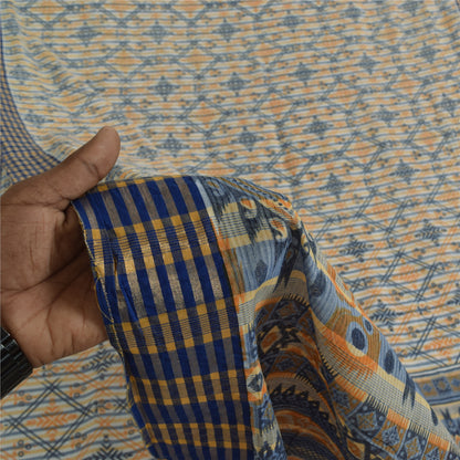 Sanskriti Vintage Blue Blend Cotton Saree Geometric Print Sari 6yd Craft Fabric