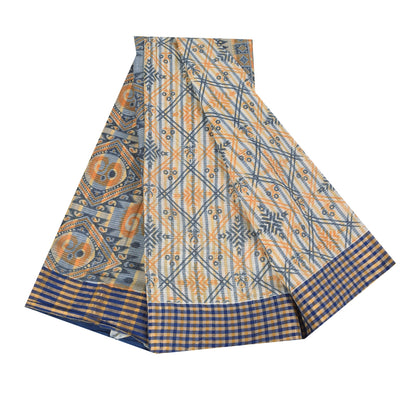 Sanskriti Vintage Blue Blend Cotton Saree Geometric Print Sari 6yd Craft Fabric