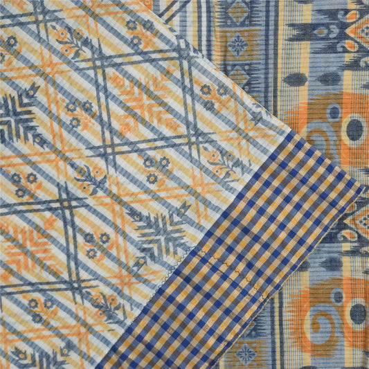 Sanskriti Vintage Blue Blend Cotton Saree Geometric Print Sari 6yd Craft Fabric