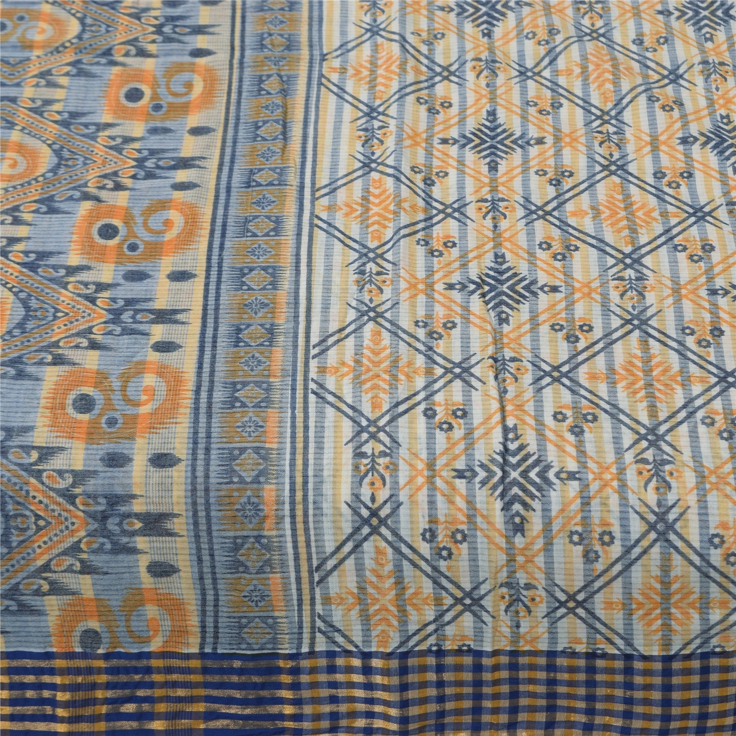 Sanskriti Vintage Blue Blend Cotton Saree Geometric Print Sari 6yd Craft Fabric