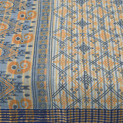Sanskriti Vintage Blue Blend Cotton Saree Geometric Print Sari 6yd Craft Fabric