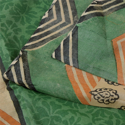 Sanskriti Vintage Cream & Green Saree 100% Pure Cotton Saree Hand Block Printed Sari 6 Yd Fabric For Crafting, Upcycling, Even Wearing