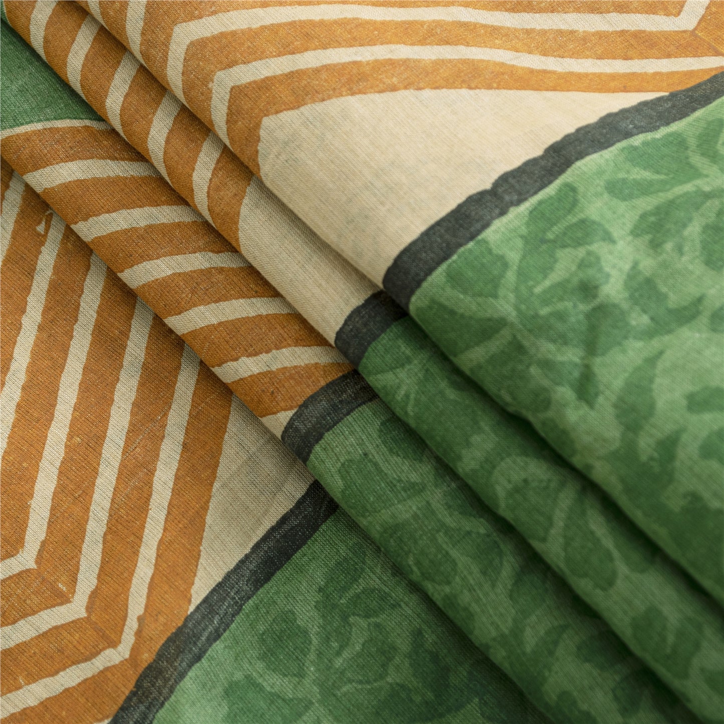 Sanskriti Vintage Cream & Green Saree 100% Pure Cotton Saree Hand Block Printed Sari 6 Yd Fabric For Crafting, Upcycling, Even Wearing