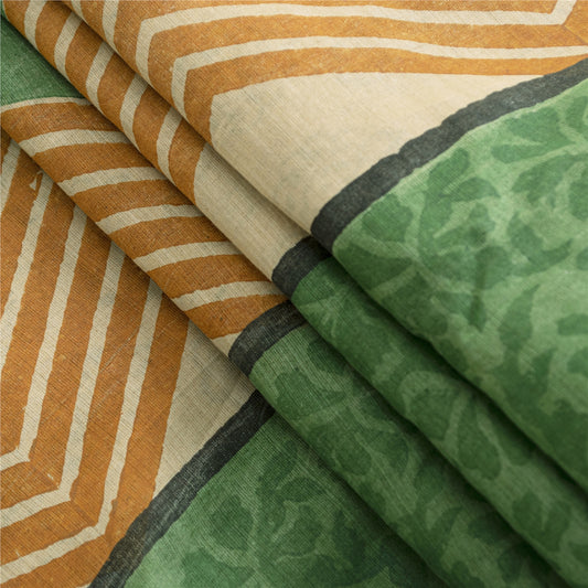 Sanskriti Vintage Cream & Green Saree 100% Pure Cotton Saree Hand Block Printed Sari 6 Yd Fabric For Crafting, Upcycling, Even Wearing