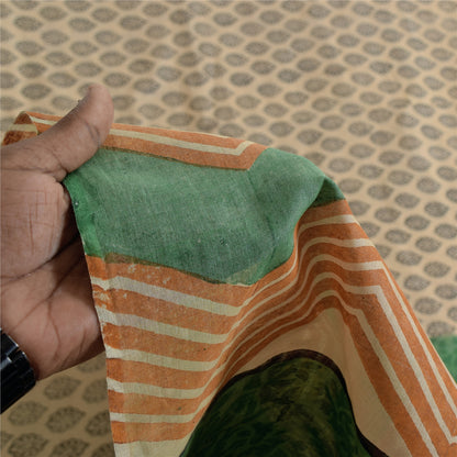 Sanskriti Vintage Cream & Green Saree 100% Pure Cotton Saree Hand Block Printed Sari 6 Yd Fabric For Crafting, Upcycling, Even Wearing