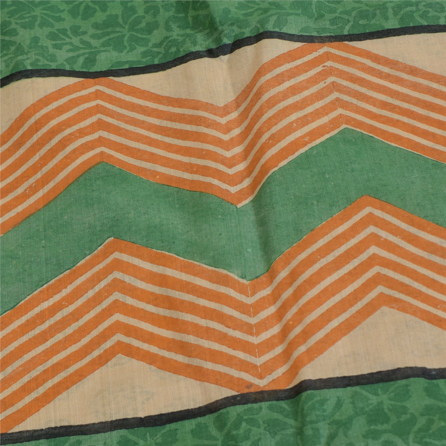 Sanskriti Vintage Cream & Green Saree 100% Pure Cotton Saree Hand Block Printed Sari 6 Yd Fabric For Crafting, Upcycling, Even Wearing