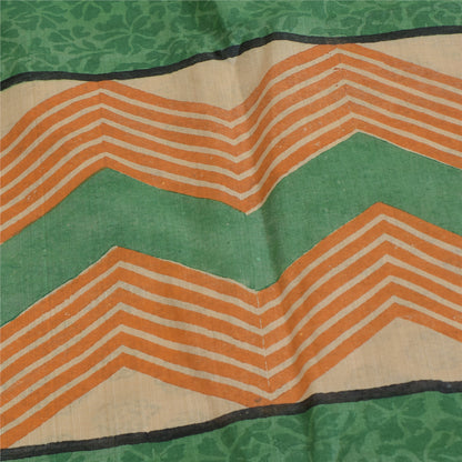 Sanskriti Vintage Cream & Green Saree 100% Pure Cotton Saree Hand Block Printed Sari 6 Yd Fabric For Crafting, Upcycling, Even Wearing