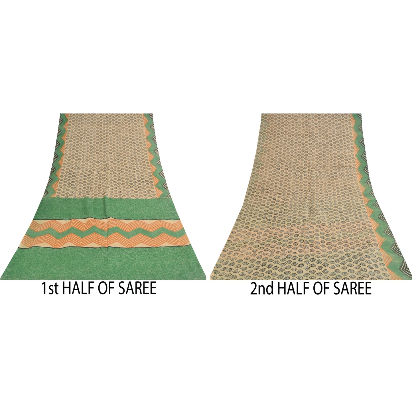 Sanskriti Vintage Cream & Green Saree 100% Pure Cotton Saree Hand Block Printed Sari 6 Yd Fabric For Crafting, Upcycling, Even Wearing