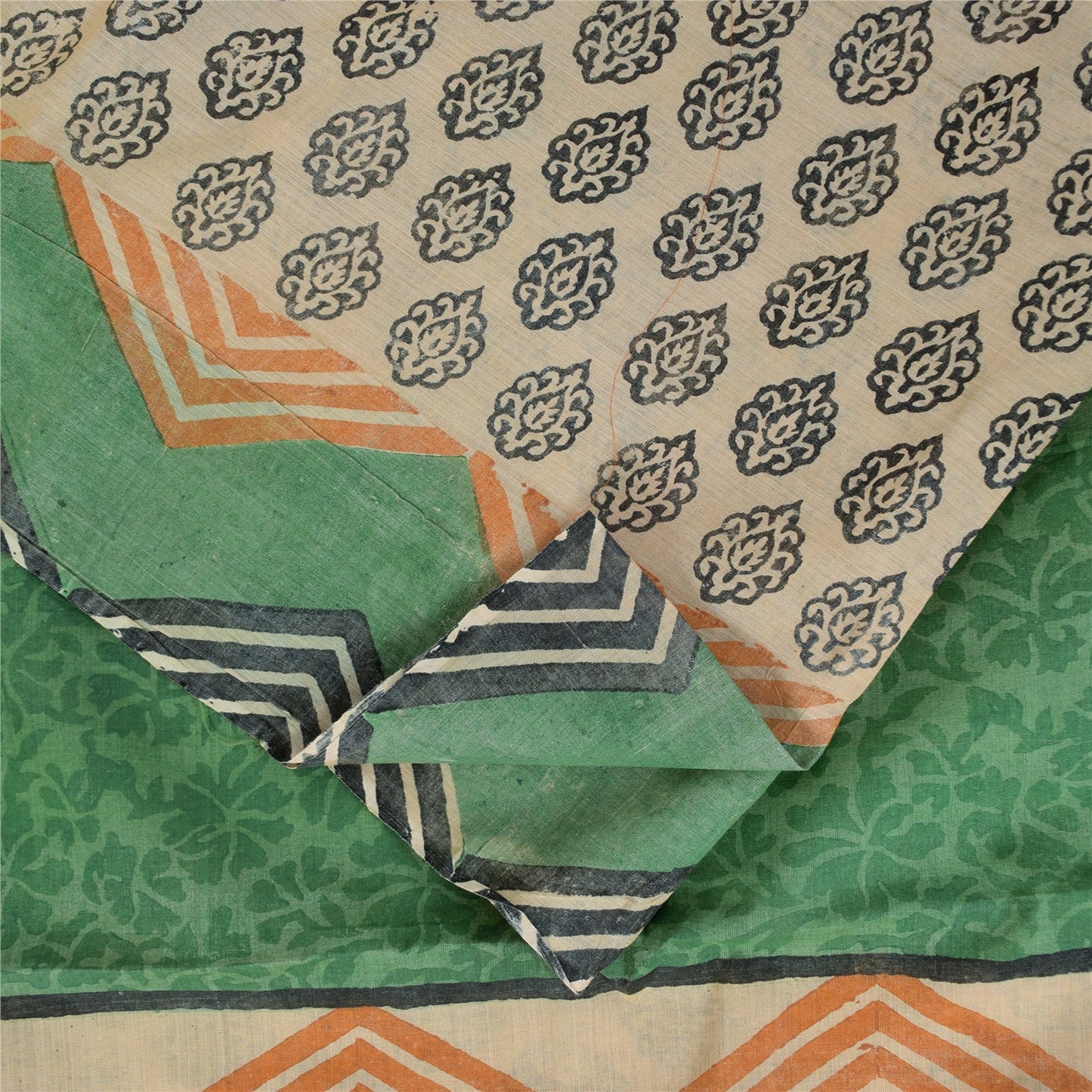 Sanskriti Vintage Cream & Green Saree 100% Pure Cotton Saree Hand Block Printed Sari 6 Yd Fabric For Crafting, Upcycling, Even Wearing